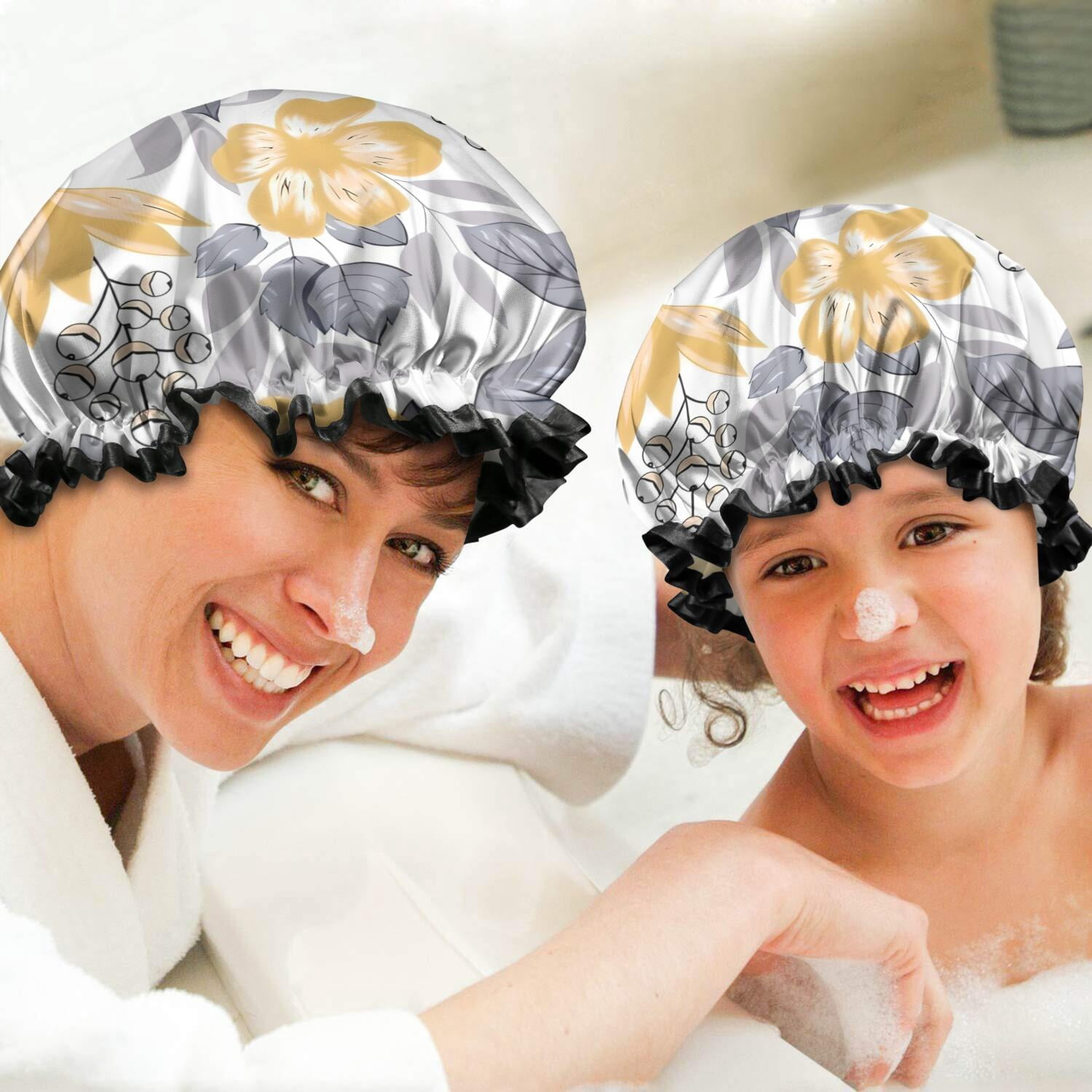 Shower Caps,Pioneer Flower Floral Print Pattern Waterproof Shower Cap for Women 4 Pieces,Double Reusable Hair Cover for Shower PEVA Elastic Stretch Hem