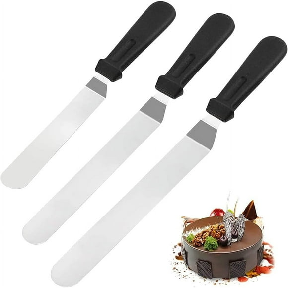 Ergonomic Handle Offset Spatula, Stainless Steel Blades for Professional Decorator, Easy to Clean Angled Icing Spatula (Black, 3PCS)