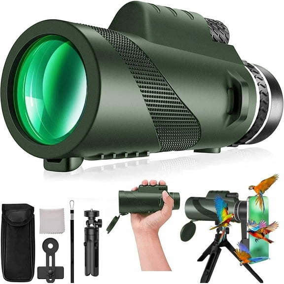 Facvoer Monocular Telescope,80x100 High Power Monoculars,HD Monocular for Adults,Lightweight BAK-4 Prism Monoculars for Smartphone with Tripod for Bird Watching Hiking Concert Travelling,Green