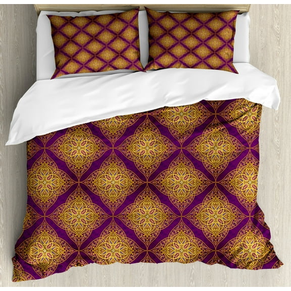 Ethnic Duvet Cover Set King Size, Arabesque Middle Eastern Royal Historical Ornamental Lace Folk Pattern, Decorative 3 Piece Bedding Set with 2 Pillow Shams, Earth Yellow Purple, by Ambesonne