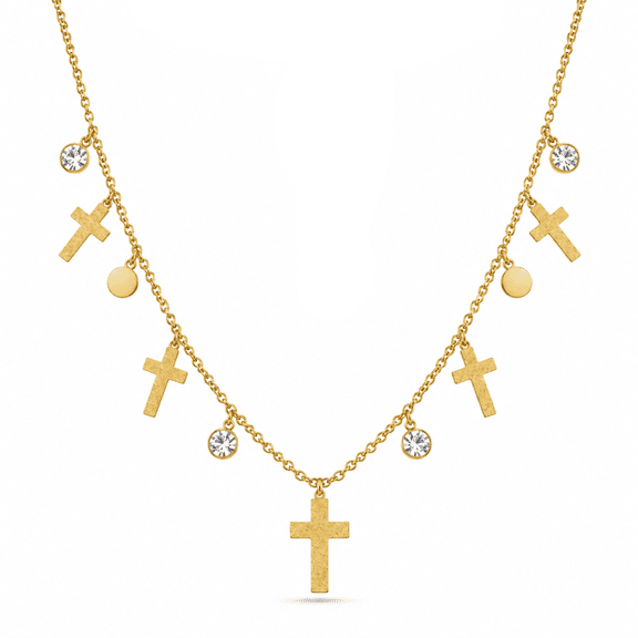 Kerinzo - Gold Tone Layered Cross Charm Necklace with Crystal Accents for Women | Adjustable Multi Layer Chain Jewelry