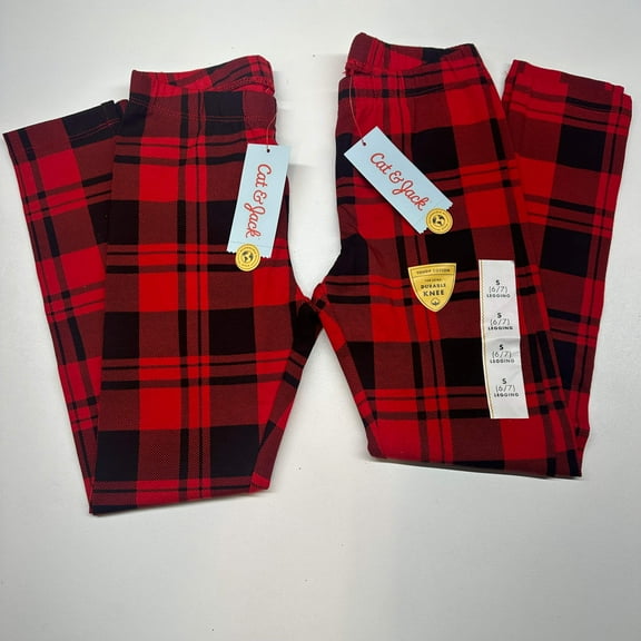 Cat & Jack Girls’ 2 Pack Red Plaid Leggings - Size S (6/7), New