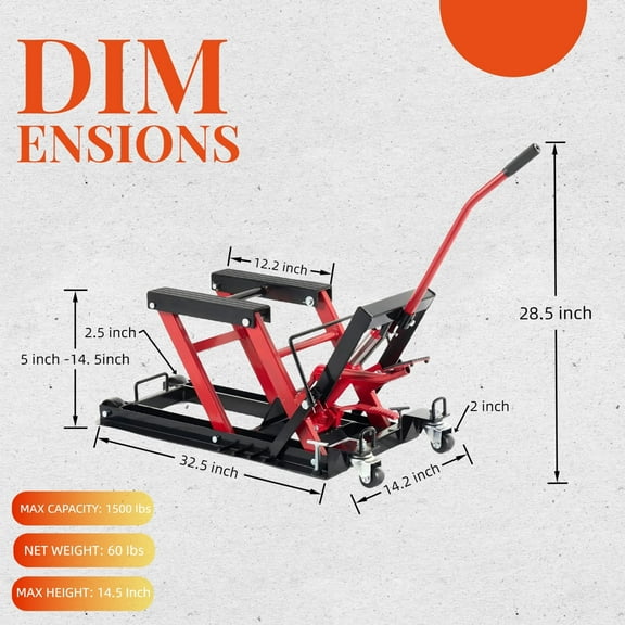 1500LBS Hydraulic Motorcycle Lift Jack 1500 LBS Capacity Steel ATV Lift with Wheels and Handle, Portable Foot-Operated