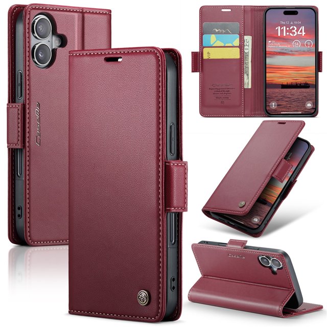 CaseMe Leather Wallet Case for iPhone 17 in wine red, designed as a cell phone accessory with RFID blocking technology, three card slots, a money pocket, and a magnetic clasp. Features a kickstand for video viewing and full-body protection with a shockproof TPU inner shell.
