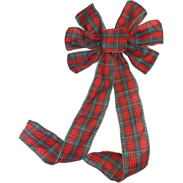 Red Black Tartan Christmas Bow 10" Wide, 18" Long PreTied Bow, Red