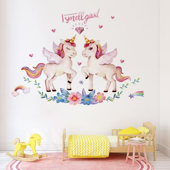 Unicorn Wall Decals Unicorn Flower Butterfly Wall Stickers Baby Nursery Kids Room Girls Living Room DIY transparent stickers Peel and Stick Removable Home Decor Bedroom Sofa TV Wall Art Decoration
