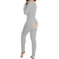 thumbnail image 2 of Women Butt Button Back Flap Jumpsuit Pajamas Onesies V-Neck Long Sleeve Bodysuit Rompers, 2 of 6