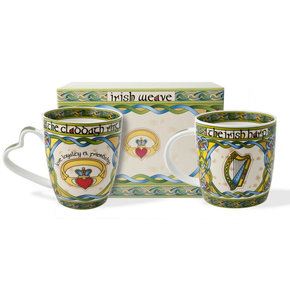Royal Tara Irish Claddagh Ring and Irish Harp Coffee Mugs Set of 2 Cups | Capacity 380 ml/13 fl oz Green Color