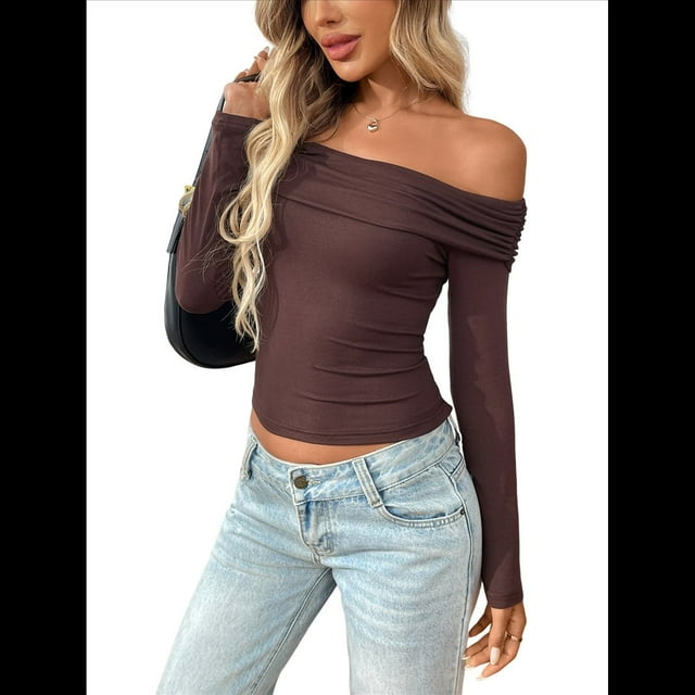 Blusas de Larga con Hombros Descubiertos para Mujer, Ajustadas, Fruncidas, Estilo Y2K, Conjuntos de Moda 2025 Color Café L