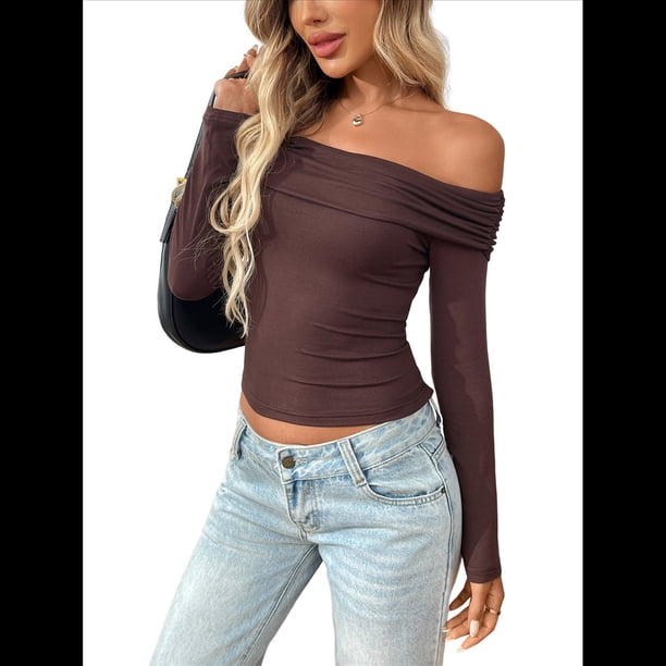 Blusas de Larga con Hombros Descubiertos para Mujer, Ajustadas, Fruncidas, Estilo Y2K, Conjuntos de Moda 2025 Color Café M