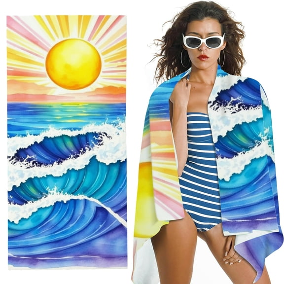 RKSupls Watercolor Ocean Wave Sunrise Microfiber Beach Towel, Extra Large Quick Dry Lightweight Absorbent Towel for Travel Swimming Camping, Soft Super Absorbent- 30x60 in