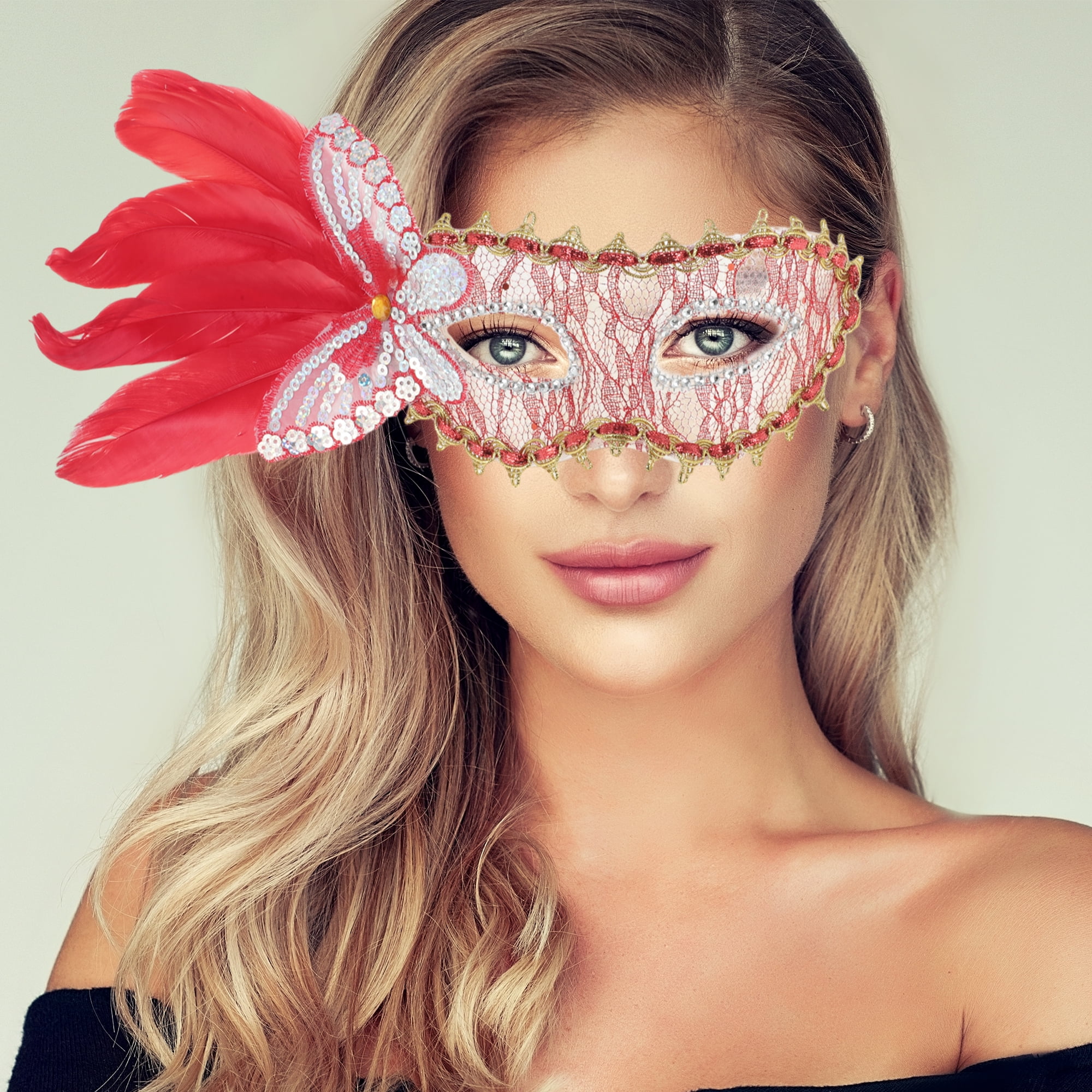Unique Bargains Elegant Side Feather Masquerade Half Face Party Mask Red