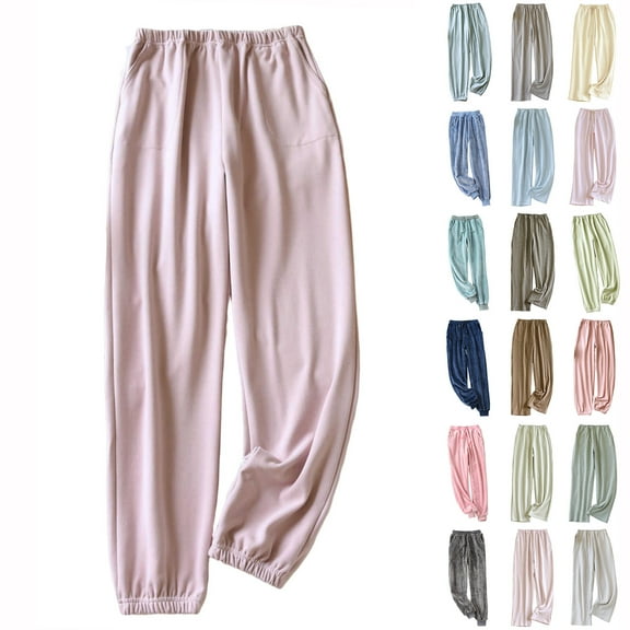Wiicoznt Pajama Pants for Women Solid Color Elastic Waist Pajama Bottoms Casual Comfy Loose Sleepwear Plus Size Full Length Pants with Pockets