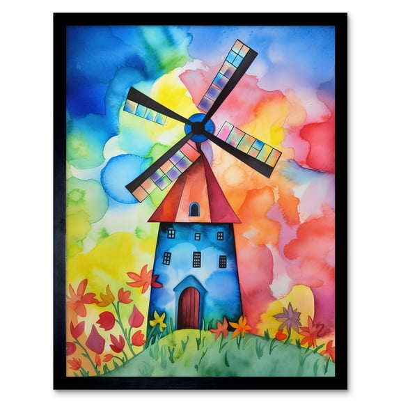 Watercolour Windmill Netherlands Folk Art Art Print Framed Poster Wall Decor 12x16 inch