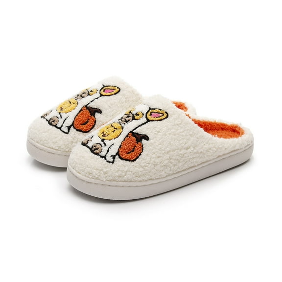 Xfvqtps Women Halloween Fluffy Slippers Cute Goblin Embroidery Versatile Indoor Home Funny Winter Non-Slip Plush Slippers White