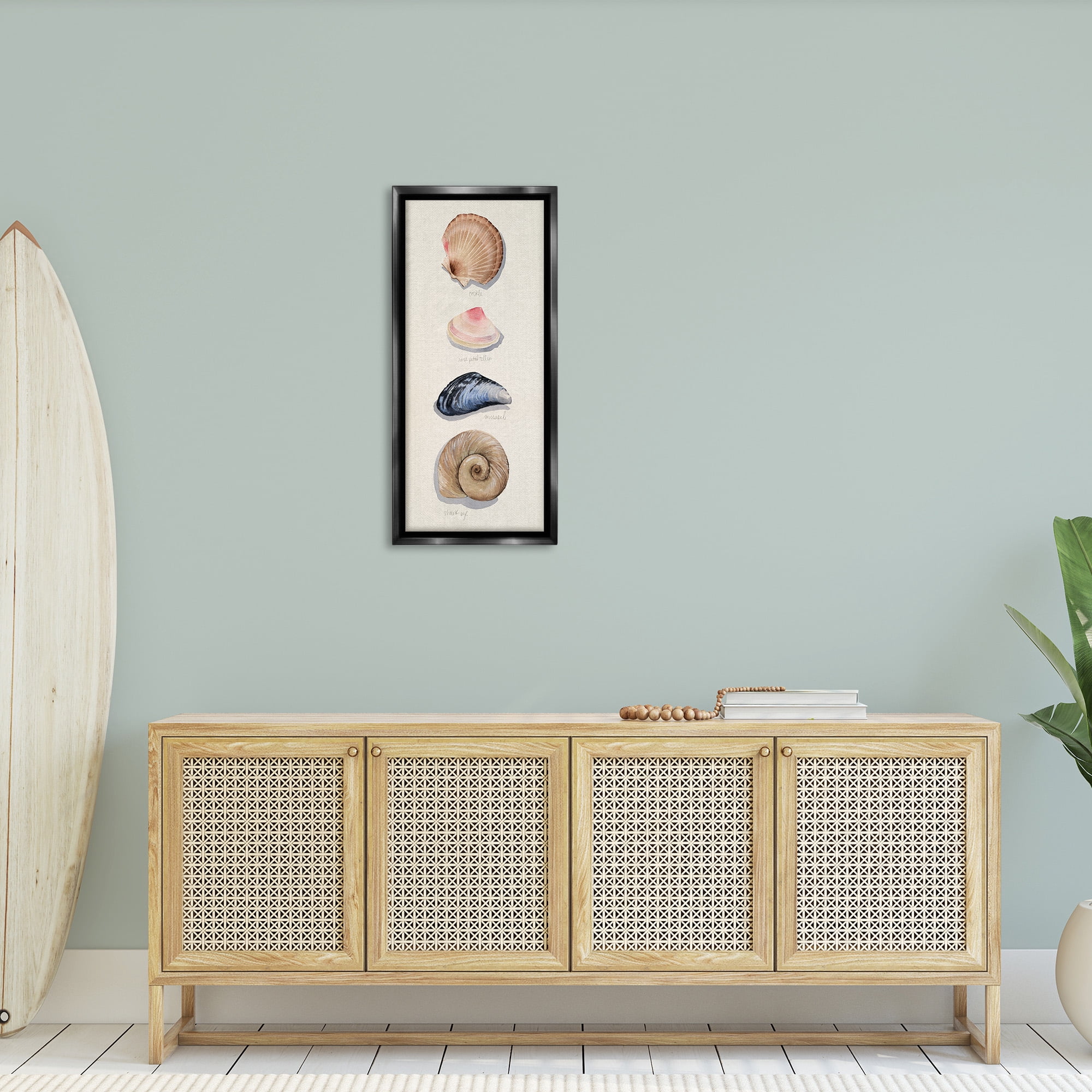 Stupell Industries Traditional Nautical Sea Shells Nature Painting Black Floater Framed Canvas Art Print Wall Art, 15 x 31