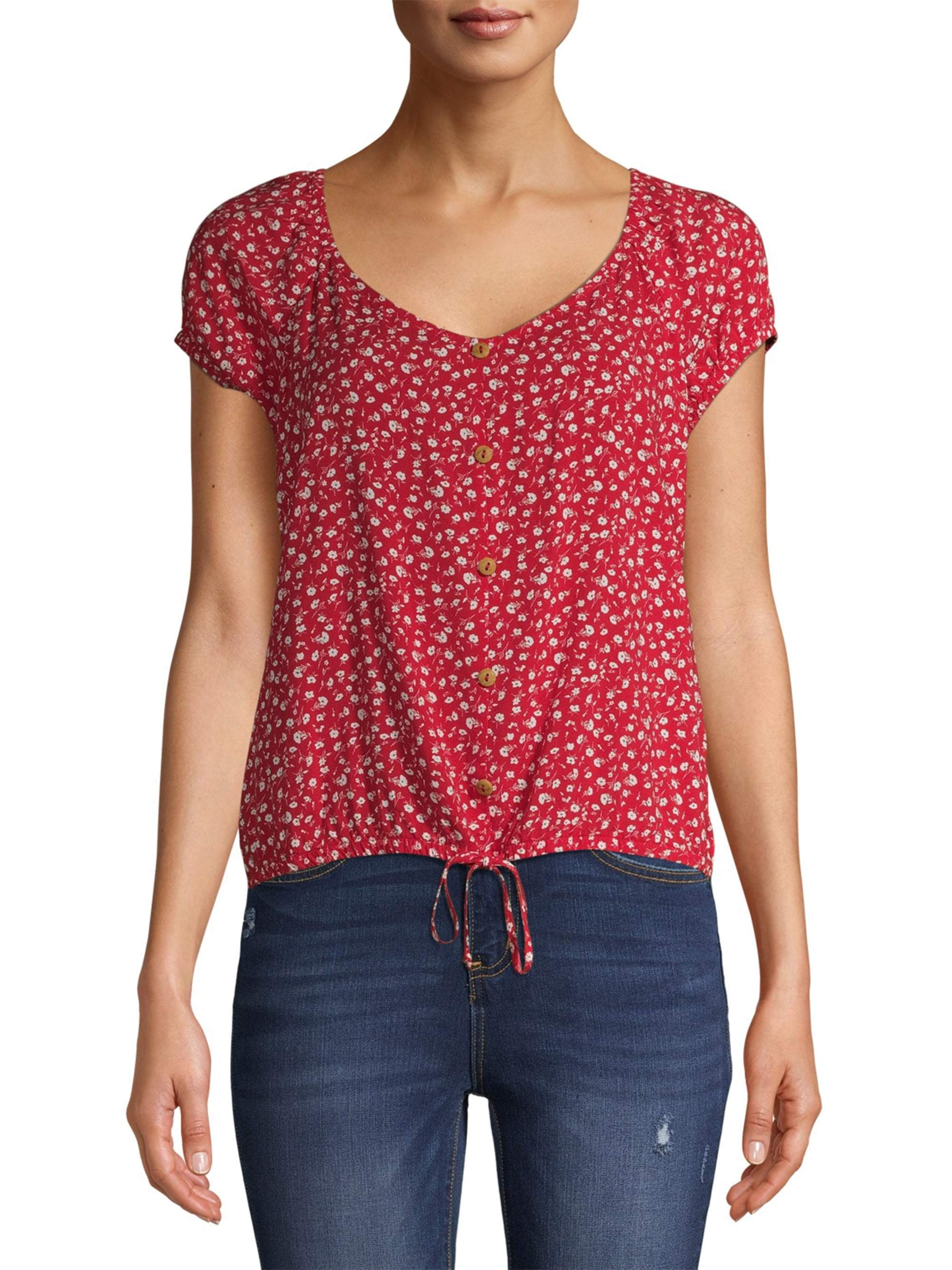 No Boundaries Juniors' Flirty Peasant Short Sleeve Top