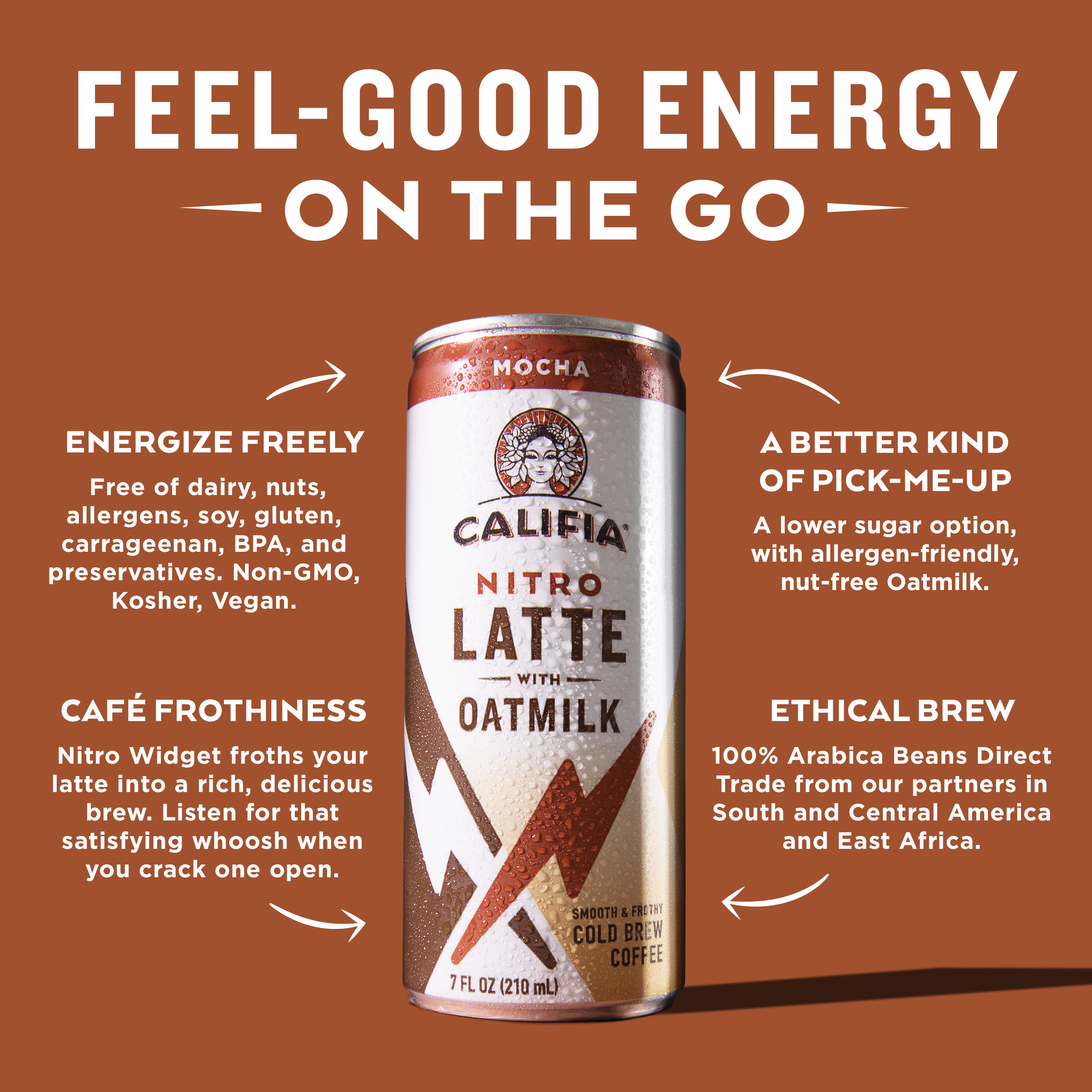 Califia Farms - Nitro Cold Brew Coffee, Mocha, Oat Milk Latte - 7 Oz | Shelf Stable | Iced Coffee On-the-Go | Clean Energy | Dairy Free | Gluten Free | Plant Based | Non-GMO