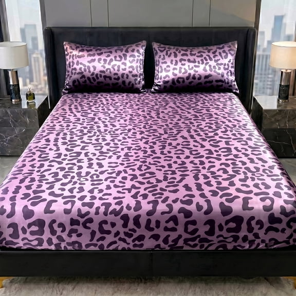 Leopard Print Satin Fitted Sheet Set, Fashionable Classic Soft And Comfortable DeepPocket Breathable Bedding,1 Fitted Sheet 1/2 Pillowcases No Filling, (Pink,Queen)