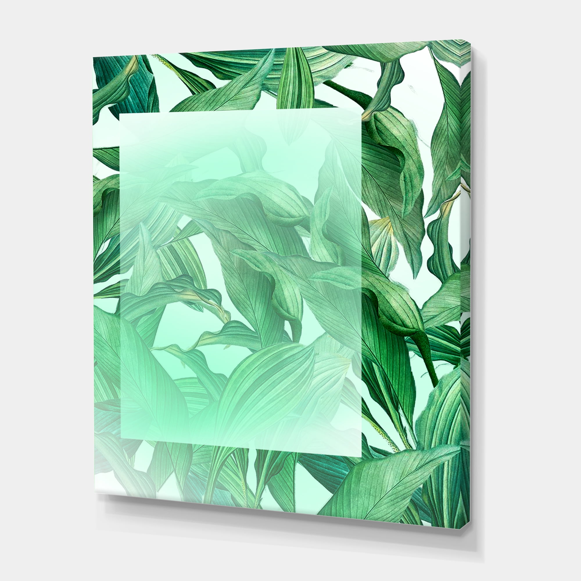 Designart ' Tropical Palm Green Leaves Under White Rectangle ' Nautical & Coastal Canvas Wall Art Print