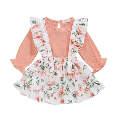 

Toddler Baby Girls Long Sleeve Tops+Floral Print Ruffle Suspender Skirts Outfits