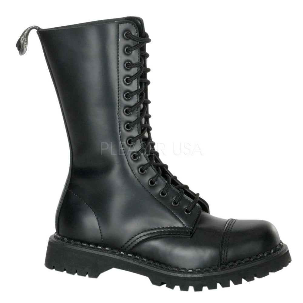 Pleaser Rocky14, 14 Eyelet Steel Toe Black Leather Calf Boot