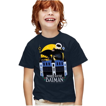 Merry Little Batman Mansion Kids T Shirt for Youth Boys and Girls, Navy, Large
