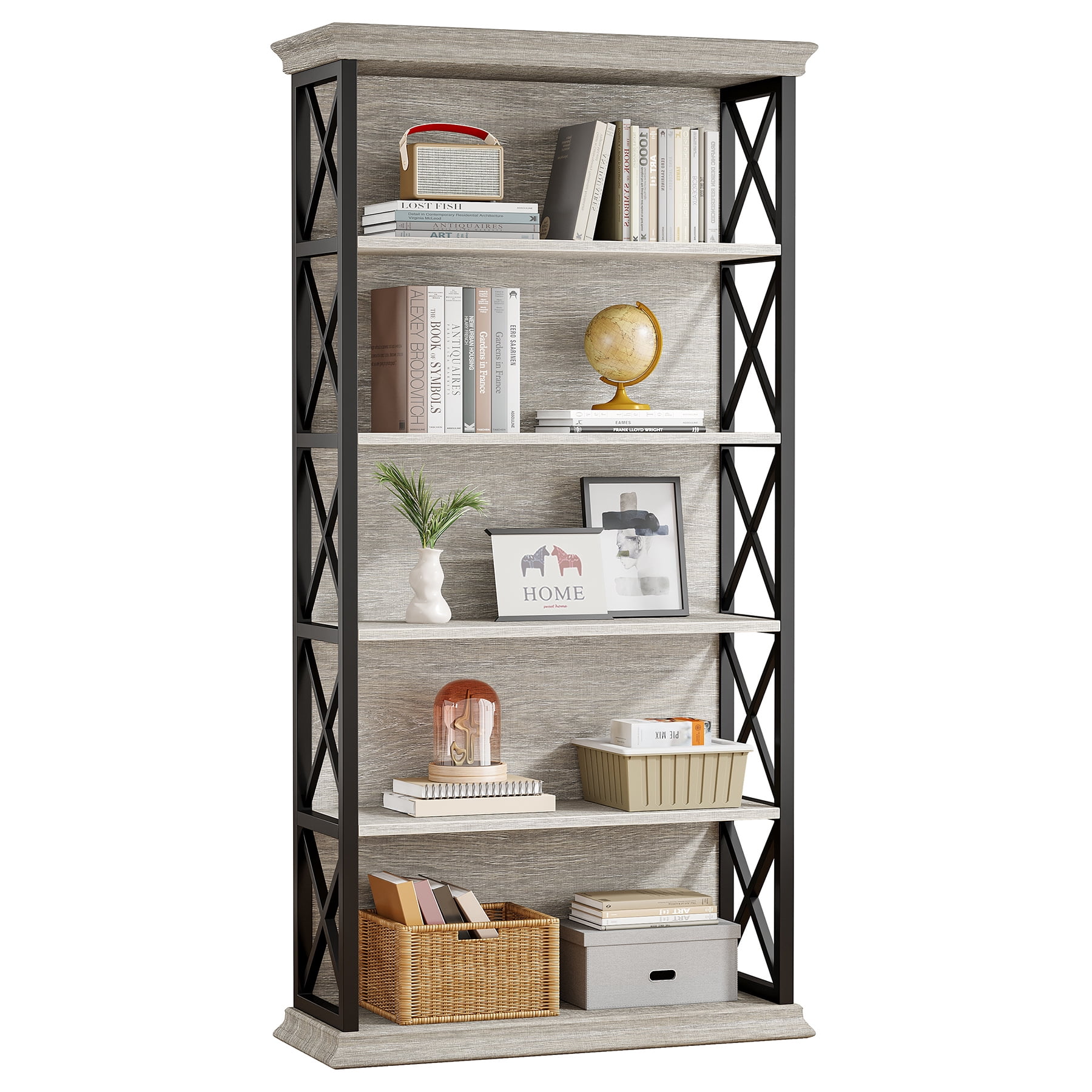 Fnova 71" 5-Tier Tall Bookshelf, Industrial Wood Bookcase with Metal Frame, Floor Standing Display Storage Shelves for Home Office, Living Room, Bedroom