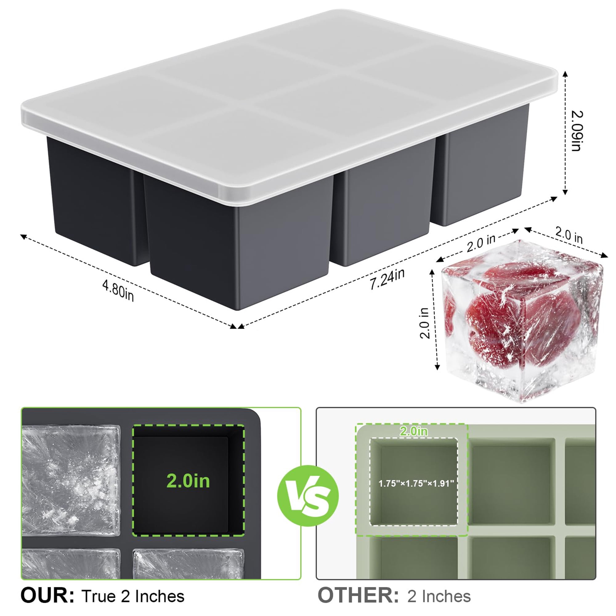 Big Ice Cube Tray for Whiskey 2 Inch, 3 Pack Silicone Ice Trays with Lid, Old Fashioned Square Cubes Maker for Bourbon Cocktail, Dishwasher Safe, Multicolor