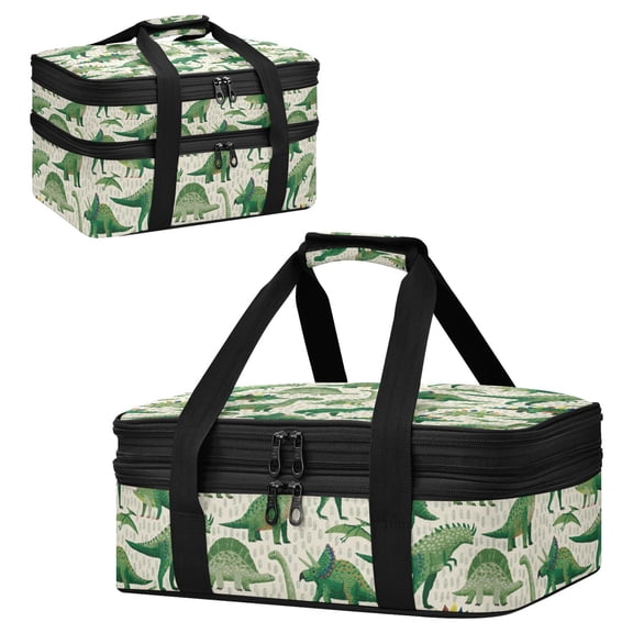 Large Double Decker Insulated Casserole Carrier Expandable 2-Layer Thermal Food Tote Bag Green Dinosaur Hot Cold Pizza Lasagna Holder for Potluck Picnic Party Camping