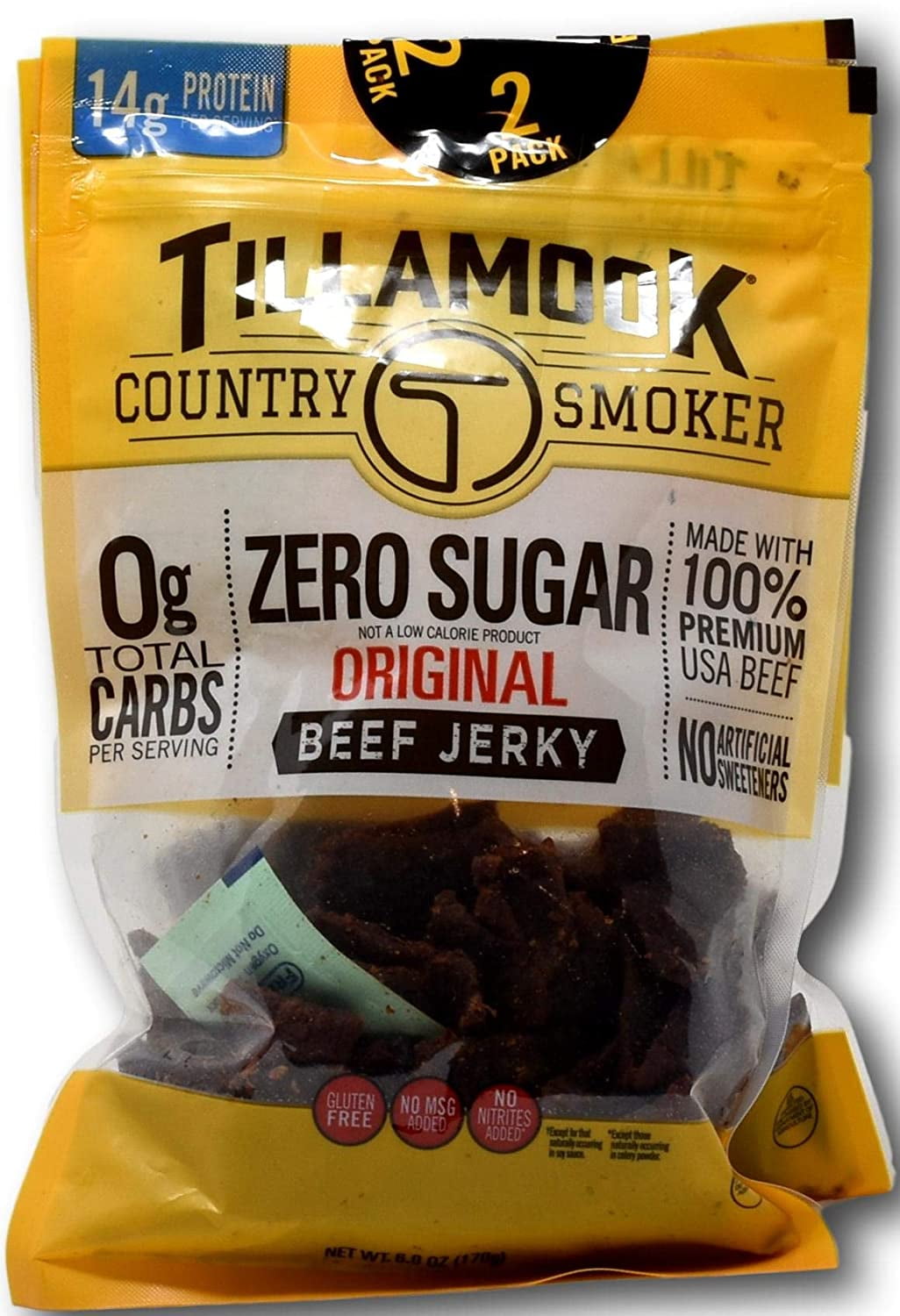 Tillamook Zero Sugar Original Country Smoker Beef Jerky, 6 Ounce (Pack of 2)