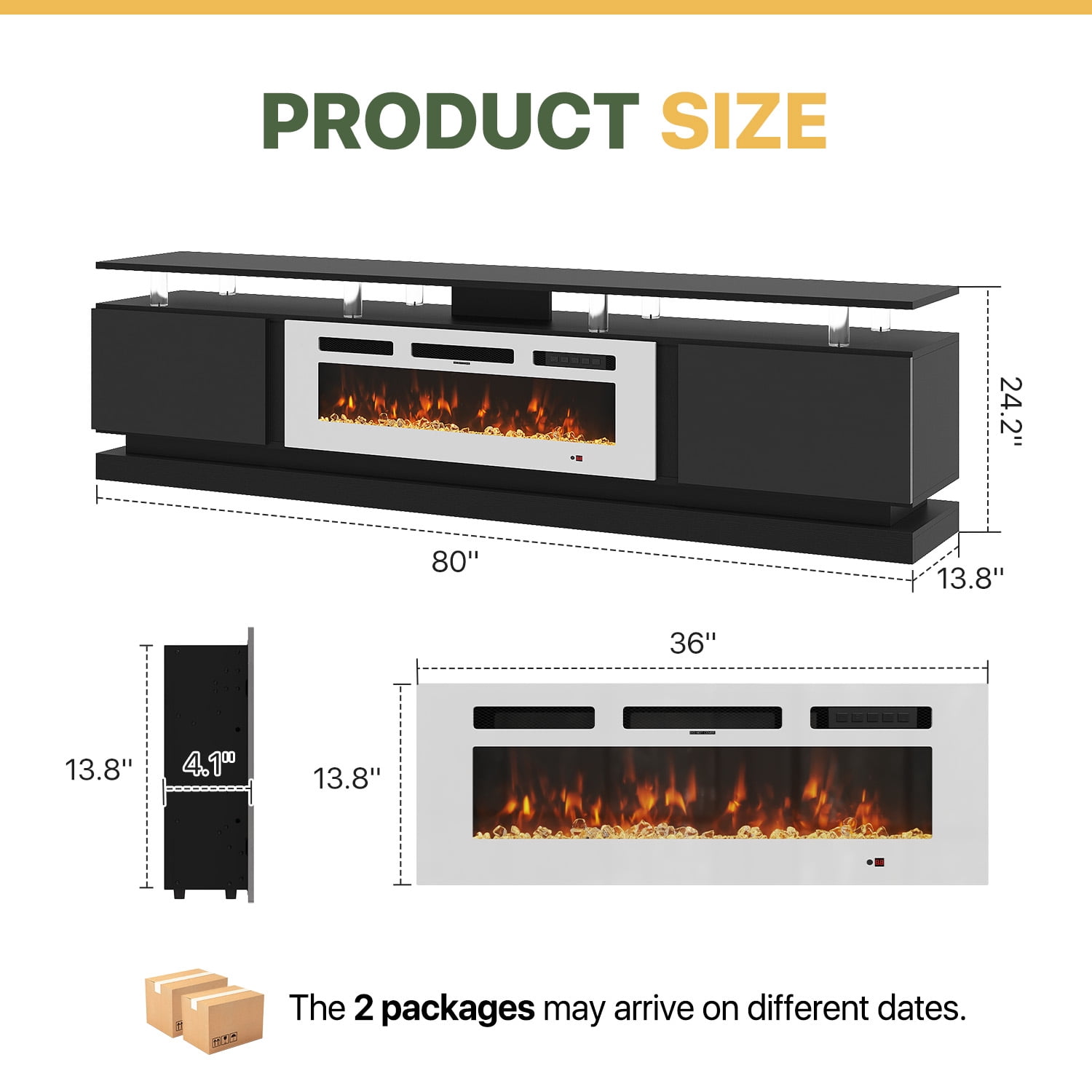 BaPiPro 80" Modern Electric Fireplace TV Stand for TVs up to 90", Entertainment Center with Music Sync LED Lights & Storage Cabinets, Media Console for Living Room, Black & White