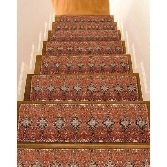 Southwest, Stair Treads for Wooden Steps Indoor Runner Rug Carpet, Geometric Stripe Boho Native Flower Print 15 Pieces Peel and Stick Staircase Step Treads Covers Washable Throw Door Mats, 30"x8"