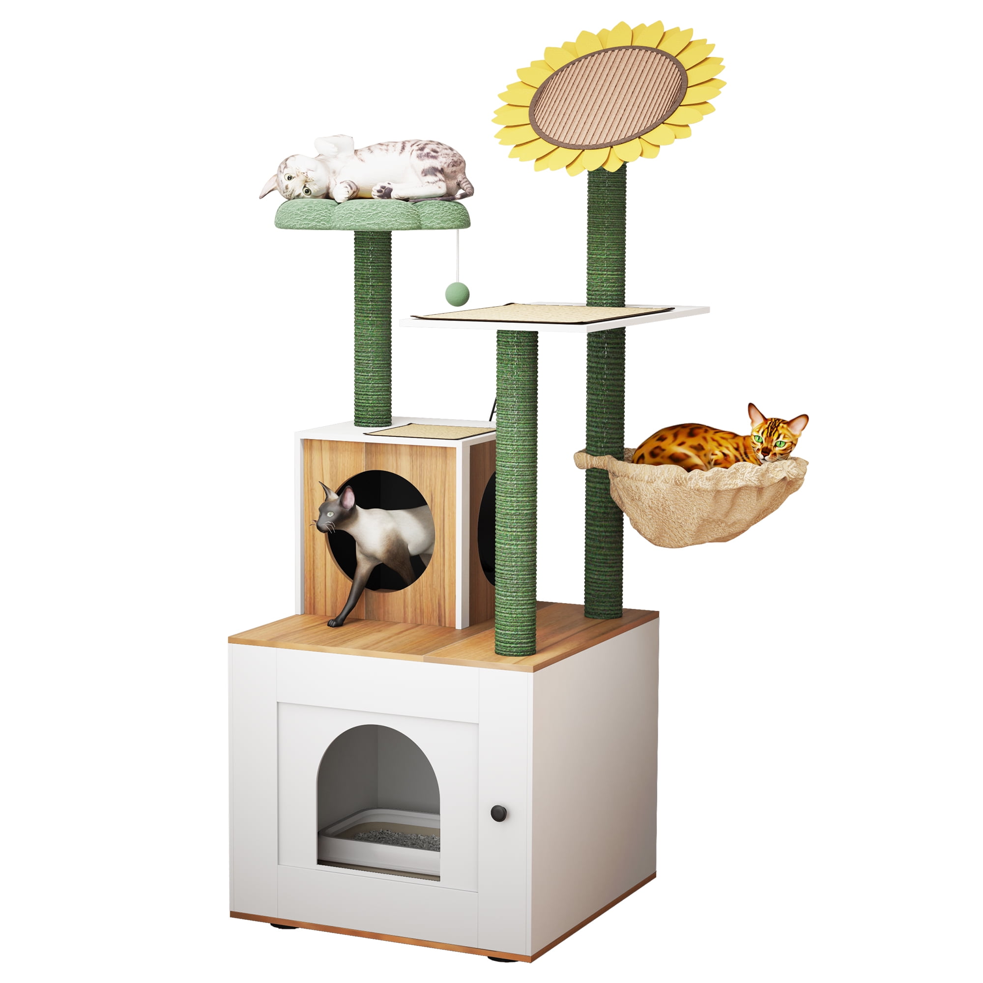LVSOMT Cat Tree with Litter Box Enclosure, Wooden Cat Litter Box