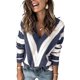 thumbnail image 3 of Suéter De Mujer Cuello En V Manga Larga Moda Transpirable Hueco Jersey Rayas Mujer Suéter Denim Azul S, 3 of 6