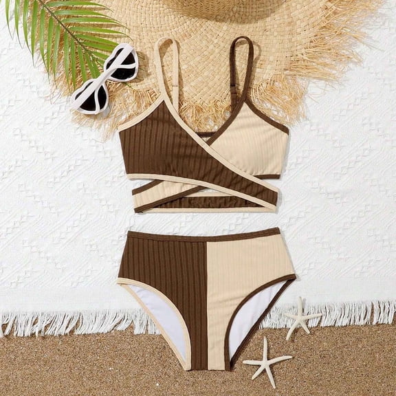 Zylarhe Girls Swimsuit, Girls Bikini Swimsuit Two Piece Adjustable Shoulder Straps Teen Swimwear For Children Ages 4 to 12 Years 11-12 Years Beige