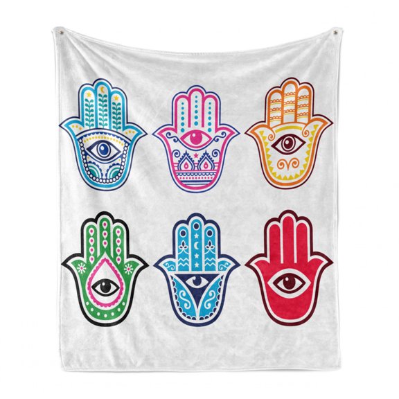 Hamsa Soft Flannel Fleece Throw Blanket, Colorful Hamsa Hands with Third Eye in Palms Folkloric Design Evil Eye, Cozy Plush for Indoor and Outdoor Use, 60" x 80", Multicolor, by Ambesonne