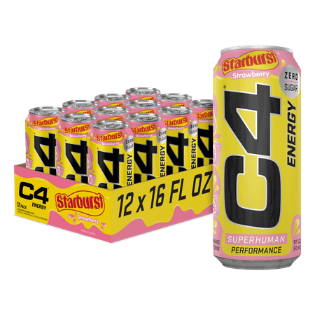 C4 Energy Drink  Starburst Strawberry  Sugar Free  Carbonated Pre Workout Drink  16 oz  12 pack