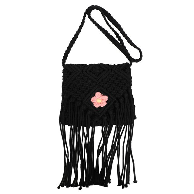 Monedero de ganchillo bohemio para mujer con borla bolso de hombro de playa de verano (negro)