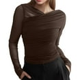 thumbnail image 1 of NINGMENG Womens Tops Solid Color Spring Mesh Sexy V Neck Pleated Long Sleeve Tops Pullover T Shirts Holiday Wear,Brown,L, 1 of 5