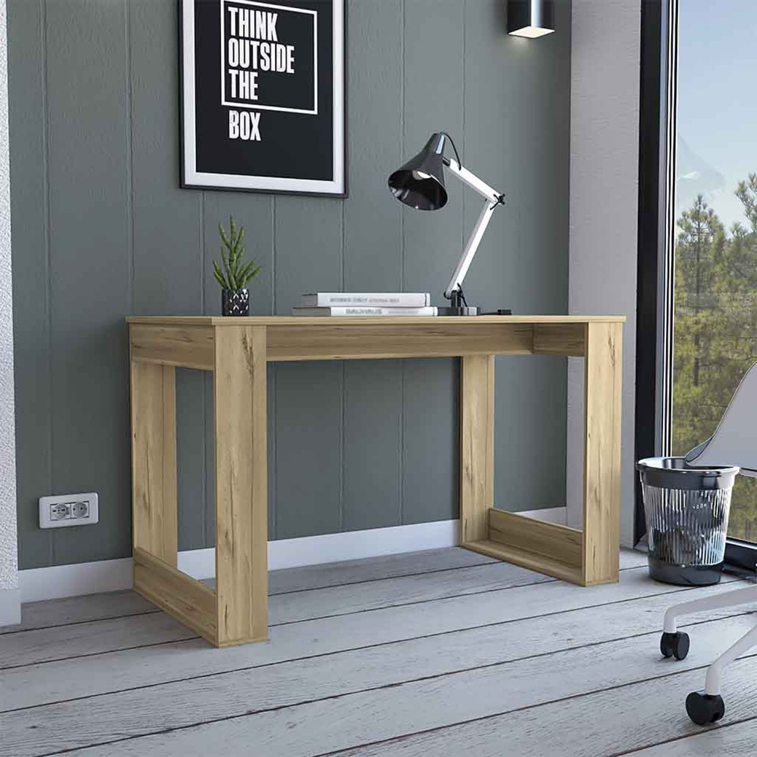 Writing Desk with Ample Workstation and Sturdy Legs, Light Oak