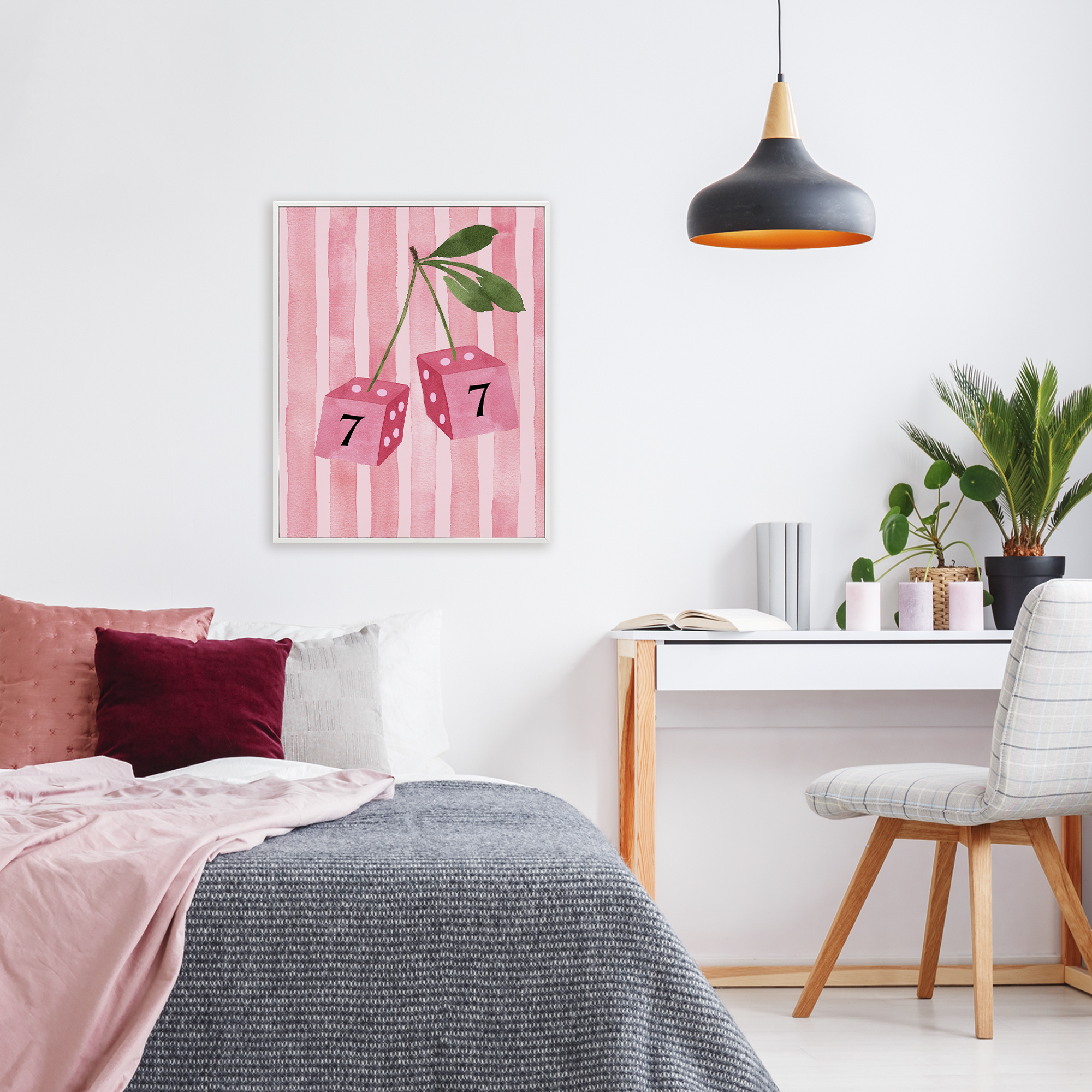 Lucky Number 7 Cherry Dice White Framed Giclee Art, design by Nina Jacobs
