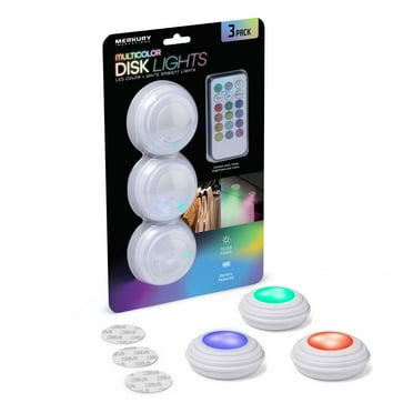 Merkury Innovations Multicolor RGB Puck Lights, Battery Operated, Touch Activated, with Remote Control - 3-Pack