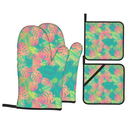 

Oven Mitts and Pot Holders Sets 4 pcs - Colorful Palm Leaves Heat Resistant Silicone Oven Gloves with Non-Slip Silicone Surface and hot pads for kitchen Baking Cooking BBQ