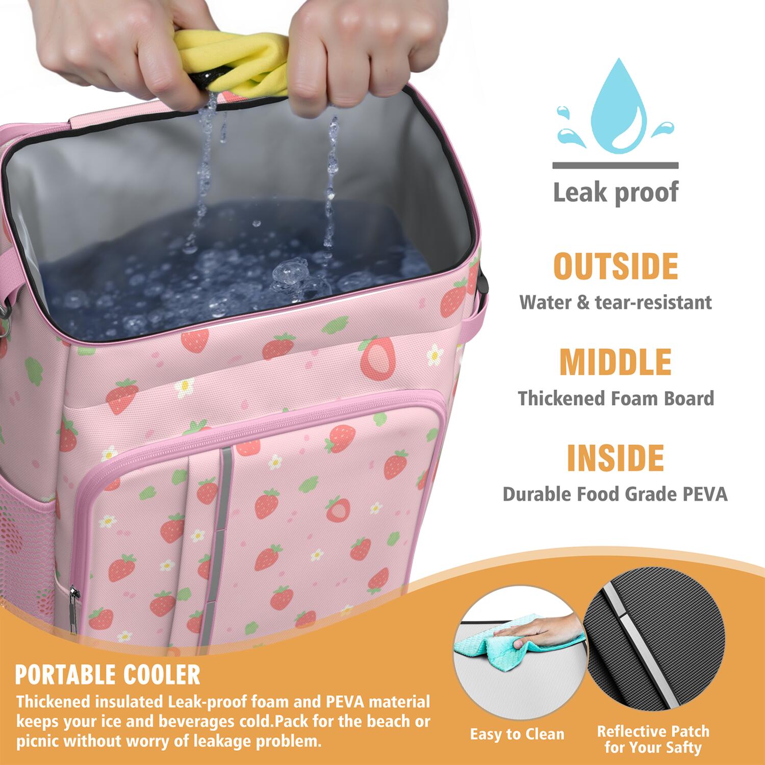 Camping Cooler Backpack Cans,Cooler Bag Insulated Leak Proof Travel Cooler Bag Waterproof Lunch Picnic Beach Work Trip Thermal Bag Drink Beverage Beer Bag Cooler Strawberry