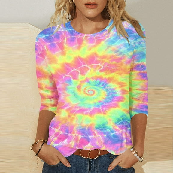 Jsaierl Women's 3/4 Sleeve Tops Plus Size Round Neck Shirts Dressy Tie Dye Ladies Blouses Work Dressy T-shirts Top S-2XL