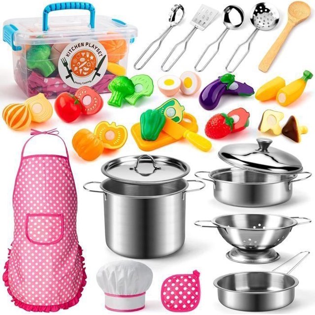 Kids Kitchen Accessory, Role Play Chef with Stainless Steel Utensils Pots and Pans Children's Kitchen Set for Boys