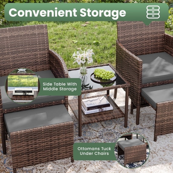ELPOSUN 5 Piece Patio Furniture Set, Outdoor Patio Conversation Rattan Chair with Ottomans/Storage Coffee Table for Patio, Space Saving Design for Balcony Poolside Front Porch Deck,Brown Rattan, Gray