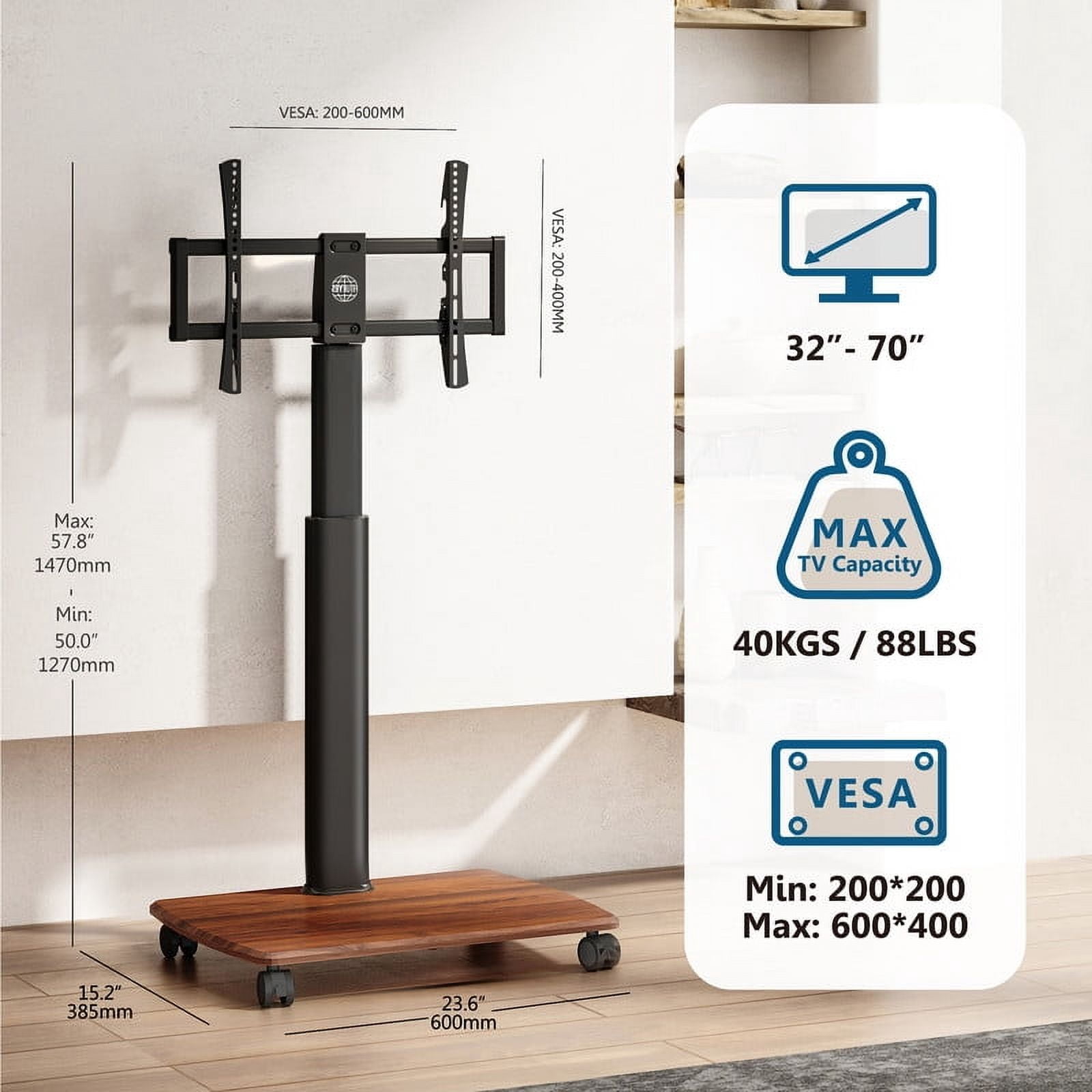 FITUEYES Rolling TV Floor Stand for 32 - 70 Inch TVs, Elegant Portable TV Stand with Upgraded 360° rotating wheels,Walnut