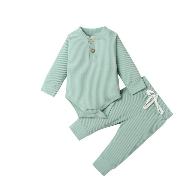 Winter Newborn Baby Boy Girl Clothes Set Ribbed Outfits Unisex Infant Solid Cotton Button Long Sleeve Tops Pants 2PCS